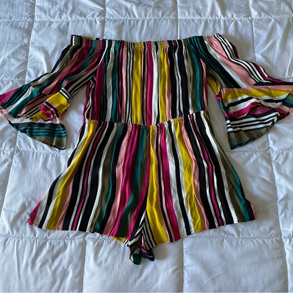 Express Rainbow Off Shoulder Ruffle Romper - Picture 3 of 6